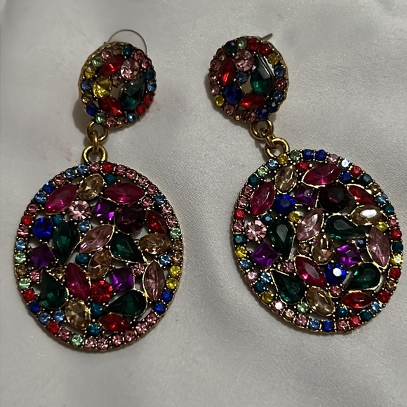 🎁🎀🌟Multi-colored Crystal Drop Dangle Earrings Sparkling Rhinestone Round - Picture 2 of 4